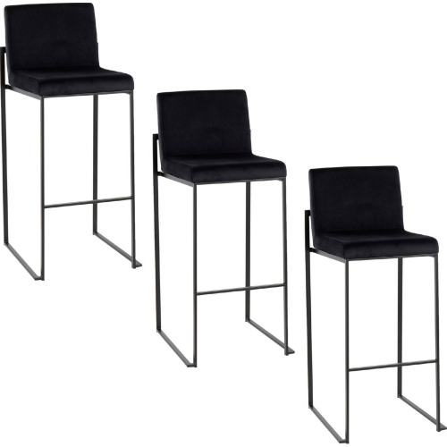 Fuji 30" High Back Bar Stool in Black Steel & Black Velvet (Set of 3)